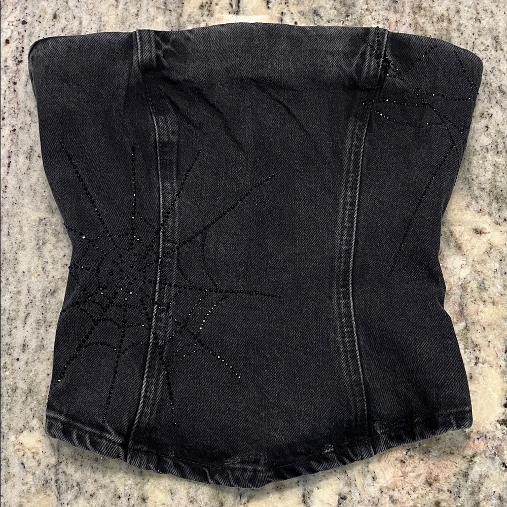 NWT 🕸️ Zara Special Edition Stretch Black Denim Embellished Bustier Top Sz XS